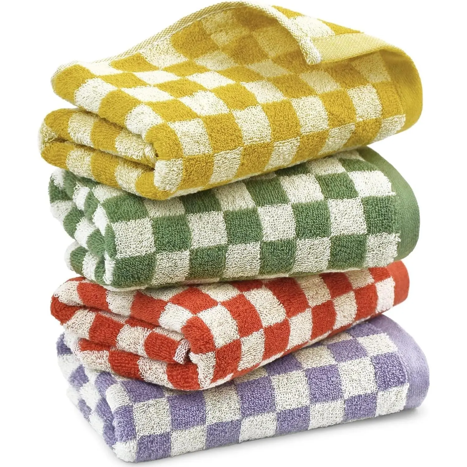 Hand Towels for Bathroom 4 Pack, Cotton Soft Absorbent for   Bath Gym Kitchen, Hand Towel Set Decorative Checkered, 13 x 29 Inches, 4 Colors