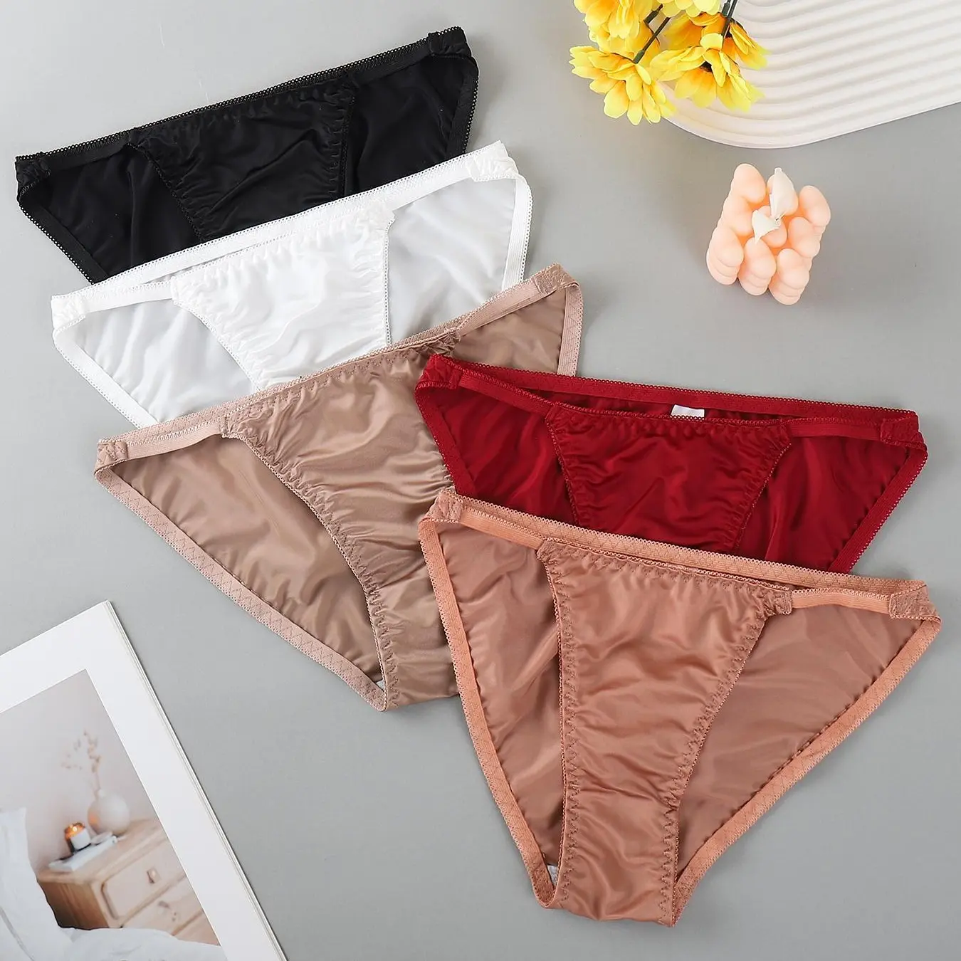 Women's 5-Pack Basic Silk Satin Thongs - Sexy Solid Low-Rise Satin Smooth Breathable Comfy Panties, Minimalist Multi-Size Lingerie for Everyday Elegance, Fitted Khaki Underwear for Ladies