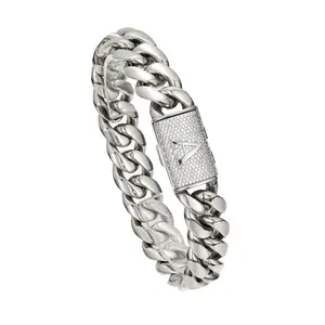 Silver Stainless Steel Cuban Link Bracelet for Men, 14mm Heavy Chain with A–Z Initial Letter Clasp, Gothic Punk Hip Hop Style, Personalized Modern Gift for Him，Bracelet men