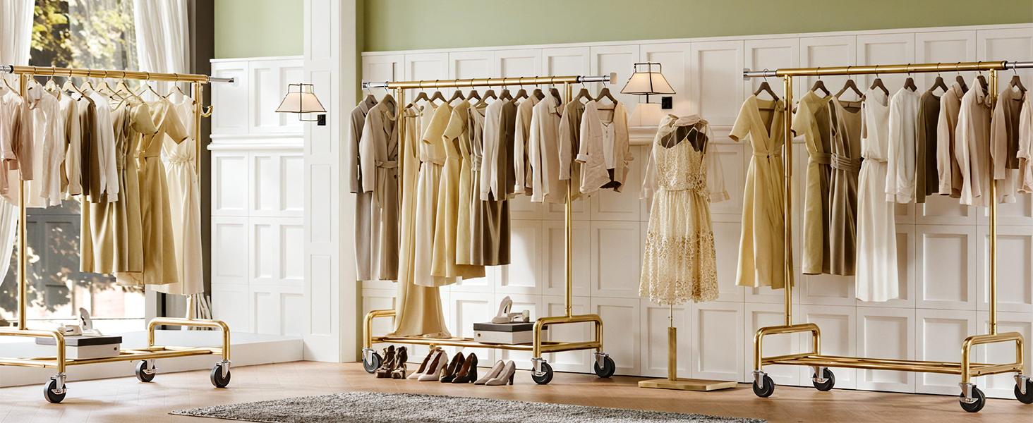 Raybee Heavy Duty Clothes Rack Load 450 LBS, Clothing Racks for Hanging Clothes Rolling Garment Rack with Wheels & Shelf,Portable & Adjustable Coat Rack ,Chrome, Golden