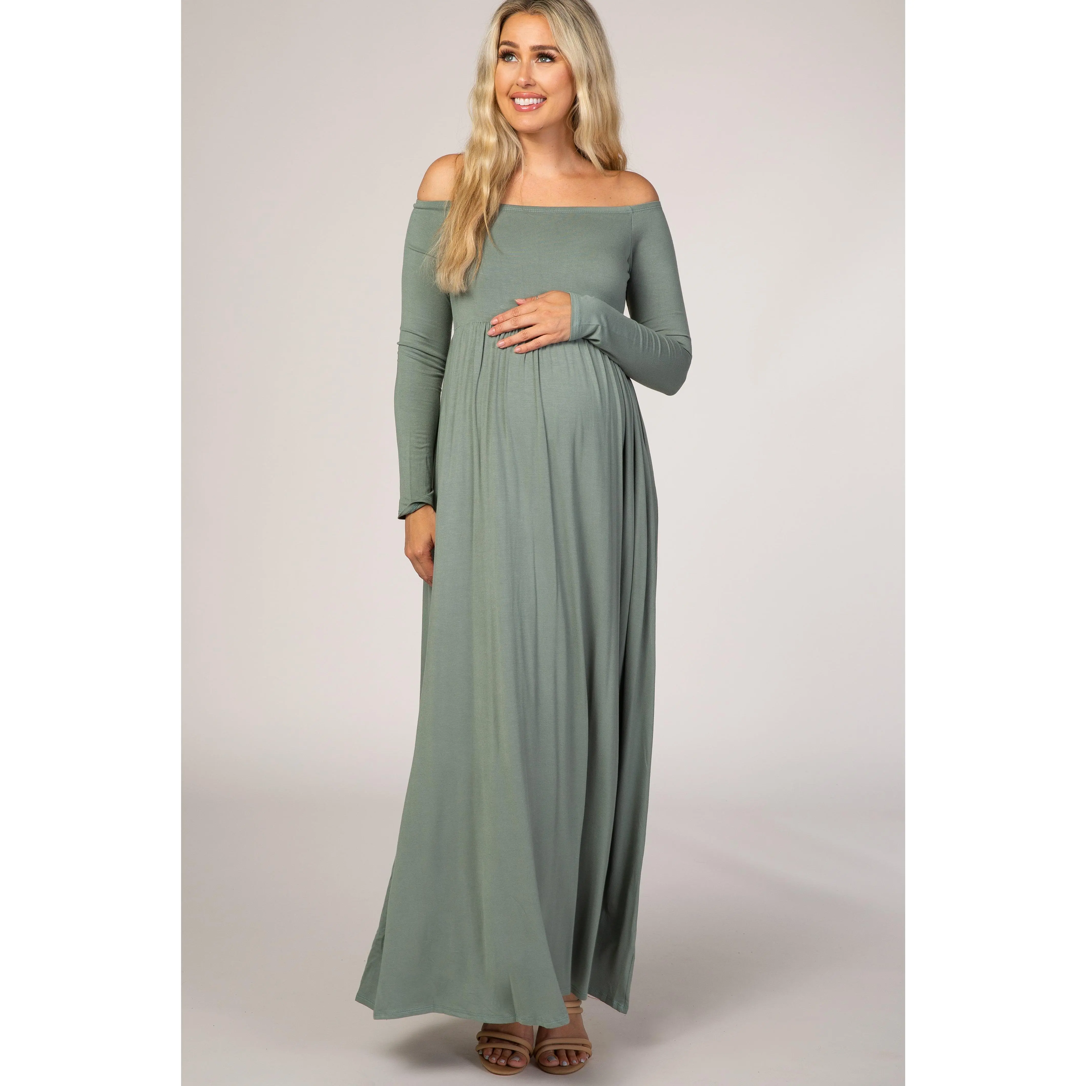 Sage Off Shoulder Long Sleeve Maternity Maxi Dress