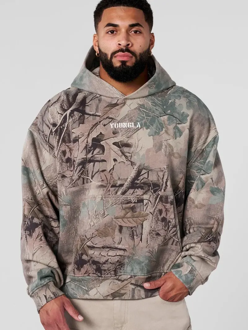 Youngla Tree Camo Collection Pullover Hoodie – Vintage Hip Hop Y2K Streetwear Sweatshirt, Woodland Camouflage Graphic Hooded Top for Men Women, Retro Casual Fashion, Fall Winter Outfit, Gift
