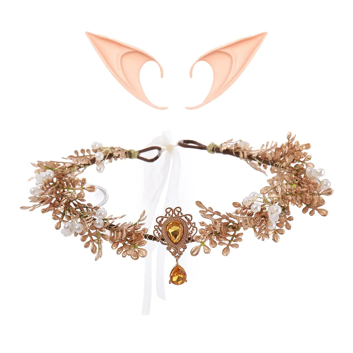 GentleLie Handmade Gold Leaf Floral Pearl Fairy Crown with Elf Ears - Female Romantic Headpieces & Crowns, Vintage Goddess Hair Accessory for Halloween, Renaissance Festival