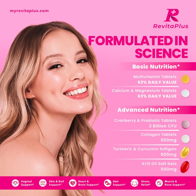 RevitaPlus Beautypack Women’s Daily Supplement Pack Multivitamin Calcium Magnesium Cranberry Probiotics Turmeric Collagen Krill Oil for Skin Hair Anti-aging Stress Support 30-Day Wellness Dietary Collagen - Collagen