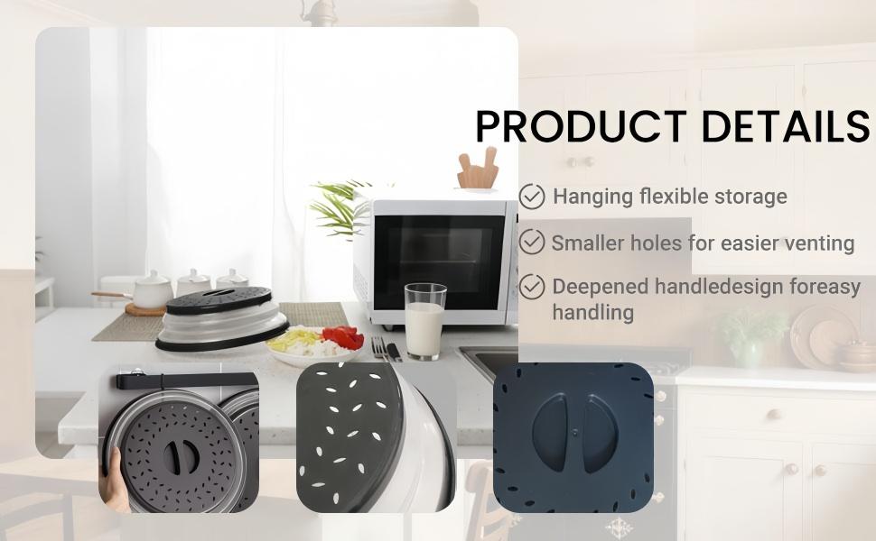 LMMAKE Upgrade Collapsible Microwave Lid 10.5 Inches Vented Folding Plate Cover Grey Silicone Handle BPA Free PP Material Multifunctional Kitchen Tool for Easy Heating and Produce Cleaning Hanging Utensils