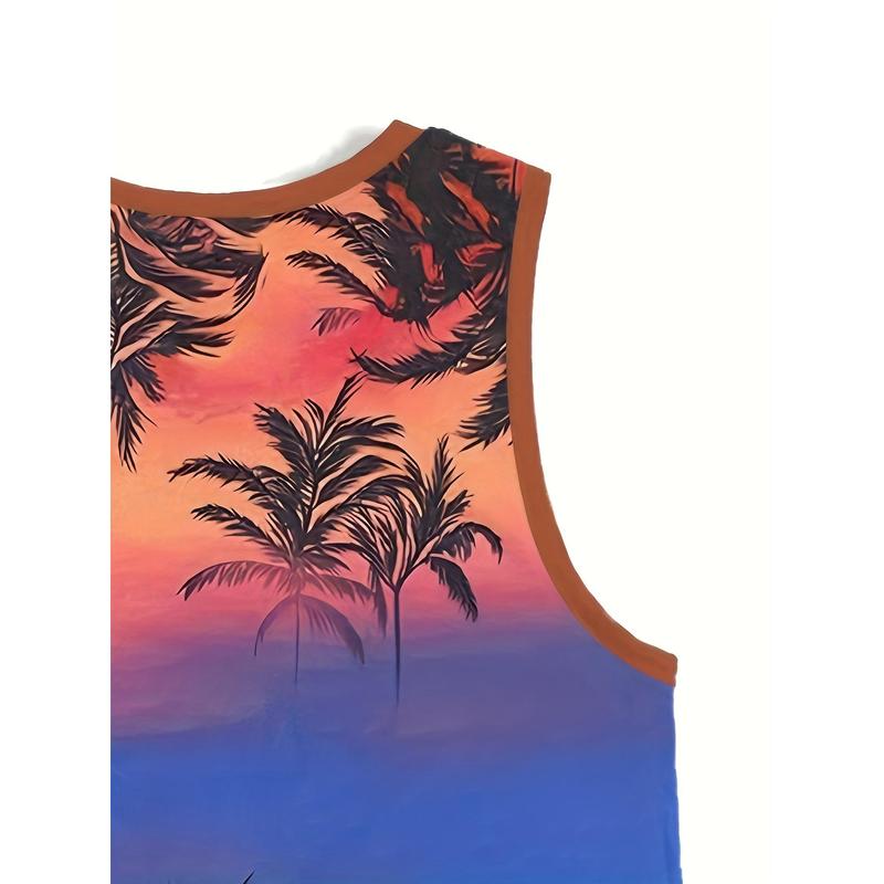 Men's Hawaiian Sunset Palm Tree Print Tank Top - Vibrant Gradient Design, Breathable & Stretchy Polyester Sleeveless Shirt for Outdoor Sports, Fitness, and Casual Summer Wear