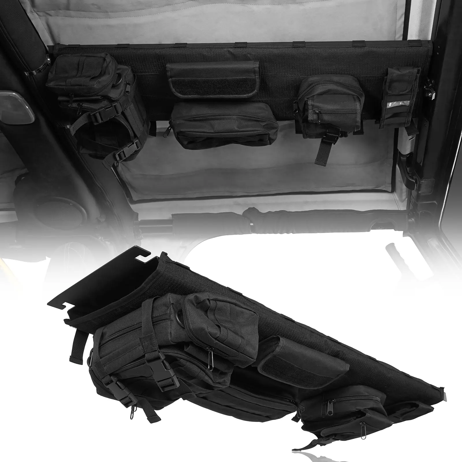 Hooke Road Steel Frame Front Overhead MOLLE Panel Bolt-On Kit - 5×MOLLE Flexible Pouches (Hook and Loop Design), 4 Mounting Brackets, Magnetic Mount, 34.7x11.5", Easy-Installation Hardware for 1997-2006 Jeep Wrangler TJ Factory Roll Bar