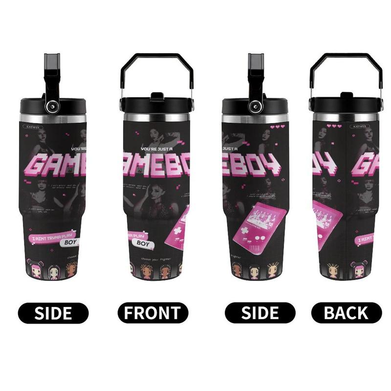 KATSEYE "GAMEBOY" Pixel Lyric 30oz Insulated Tumbler K-Pop Fan Car Cup Double-Walled Vacuum Stainless Steel Leakproof Lid Portable Design Iconic Retro Style
