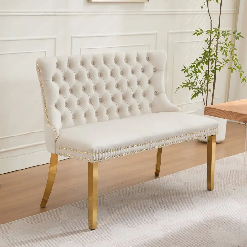 Velvet Dining Bench Chair Upholstered Chair with Back Button Tufted Settee Benches Small Loveseat Sofa Couch for Small Spaces,Entryway,Kitchen Banquettee Seating Sofa Bench with Backrest