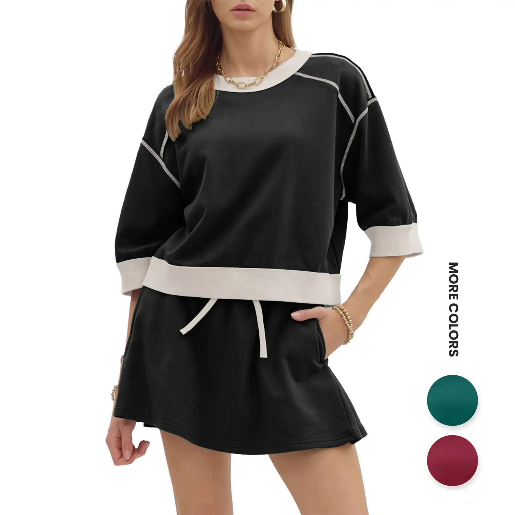 Skoinvb Womens Sweatsuits 2 Piece Set Crewneck Sweatshirts High Waisted Skort Skirts Tennis Running Tracksuits Shorts Sets