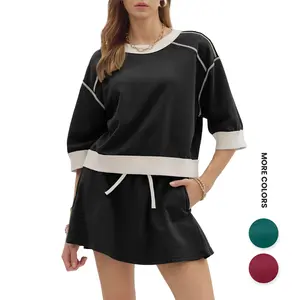 Aswulk Womens Sweatsuits 2 Piece Set Crewneck Sweatshirts High Waisted Skort Skirts Tennis Running Tracksuits Shorts Sets