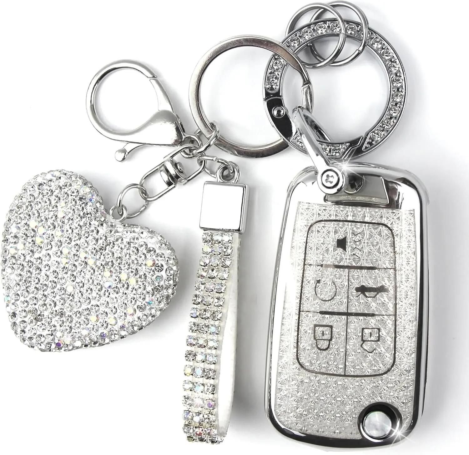 Women's 5-Button Car Key Accessory - Diamond Keychain Key Cover for Chevy Cruze Camaro Malibu Equinox Impala GMC Buick Encore Regal Flip Folding Protector (Silver-Heart), Key Covers For Car Keys