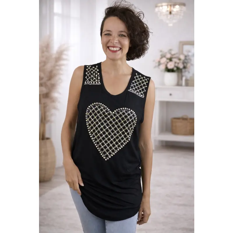 Vocal Rhinestone Studs Heart Tank Long Tunic - Black