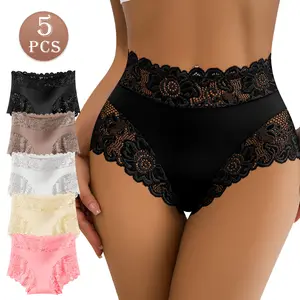 QUASTI 5-Piece Elegant Mid-Waist Lace Breathable Women's Panties, Highly Elastic, Soft Silk Fabric, Comfortable and Skin-Friendly, Full Hip Coverage Underpants , Elegant and Sexy Lace Panties, Suitable for Elegant Womenswear, Sizes S-XXL