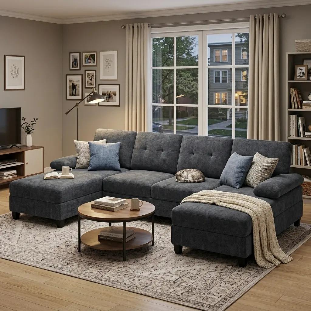 Walsunny Convertible Sectional Sofa Couche, U-shaped Sofa Bed, 4-Seat Sleeper modular Sofa with Cushion for Living Room, Apartment, Grey, wayfair new couch