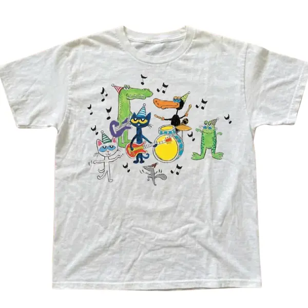 Pete the Cat Cartoon Band Graphic T-Shirt – Funny Party Animals Music Tee – Vintage Y2K Cartoon Band Shirt – Cute Dancing Animal Unisex Streetwear S–3XL