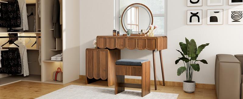 Giratree Vanity Desk with Mirror and Lights, Modern Wood Wave Panel Vanity Desk Set Makeup Table with Drawers and Cabinet, Dressing Table with Storage for Bedroom