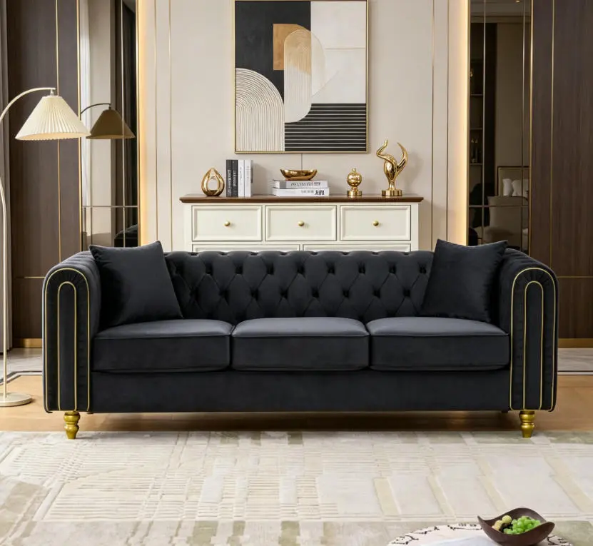 86" Sturdy Plush Velvet 3-Seat Chesterfield Loveseat Sofa - Curved Rolled Arms, Deep Button Tufting, Gold Legs for Living Room Primary Space, Curved Arms
