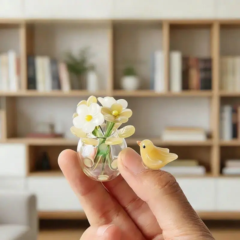 Indoor Recreation Handmade Glass Flower Ornament Set - 4cm Vibrant Blossoms, Miniature Bouquet with Vase & Bird, Luminous Light-Catching Compact Desktop Decorative Gift for Women (Wedding, Anniversary)