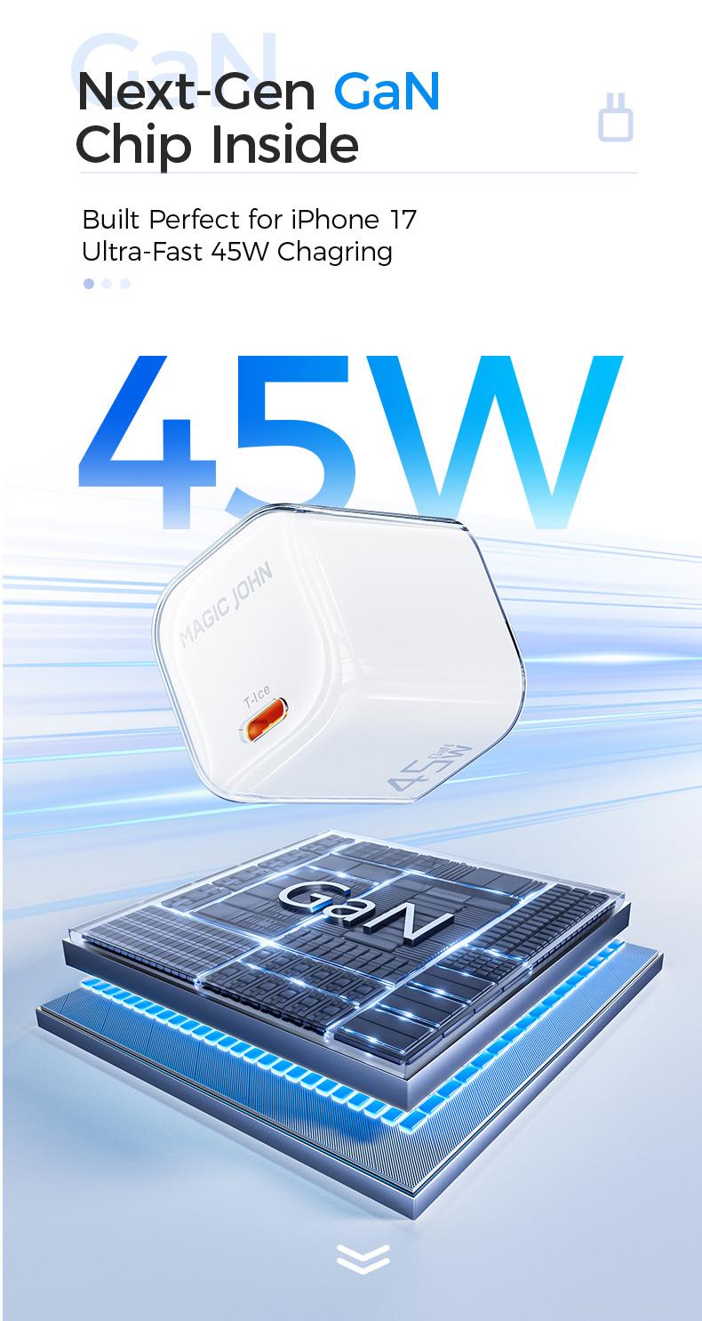 MAGICJOHN 45W USB-C Fast Charger – Compact Power Adapter for iPhone 17/16/15 Pro Max/Air – Quick, Travel-Friendly Mini Plug