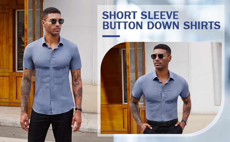 2-Pack AMZPURE Men's Stretch Slim Muscle Fit Short Sleeve Dress Shirts Casual Button-Down Style Perfect Menswear for Dad,back to school,back to school shopping sohochic style