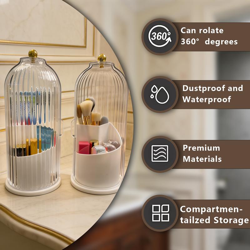 Dustproof Toothbrush Holders with Cover,Storage Bucket Organizers with Transparent Door Lid,360° Rotating Clearance Makeup Organizer for Vanity Bathroom Desktop Countertop Storage,Spinning Makeup Brush Holder Boxes,White&Grey,Multi-functional Storage