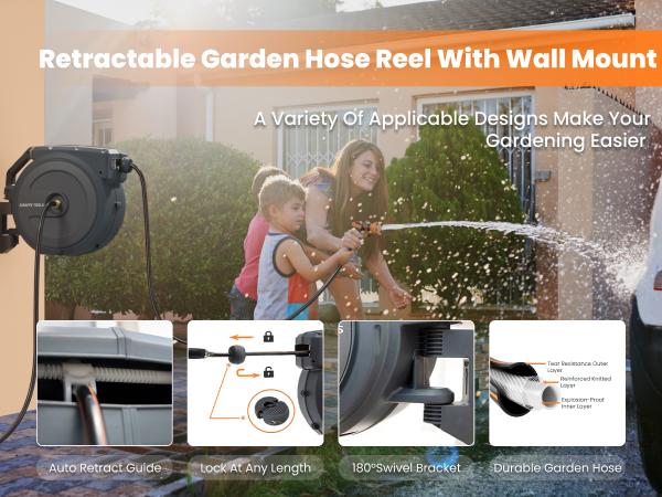 Giraffe Tools Tangle-Free Kink-Free Retractable Hose Reel 90ft-130ft AW Series Outdoor with DS Trigger Mechanism & G-Self-Layering System Adjustable Nozzle
