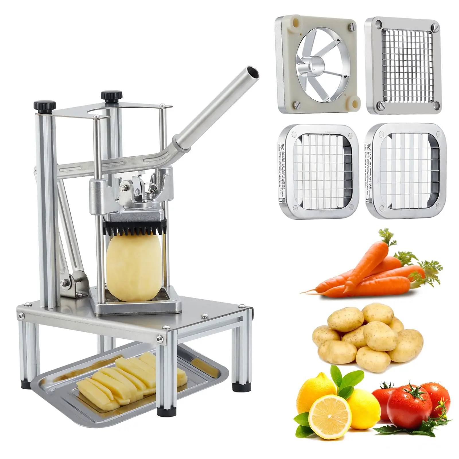 【GARVEE】Commercial Heavy Duty Manual Vegetable and Fruit Chopper with Multiple Stainless Steel Blades (1/4", 3/8", 1/2" & 6-Wedge Slicer) for French Fry Cutting, Dicing Potato, Tomato, Onion, Cucumber, Pepper, Mushroom, Yam, and Carrot