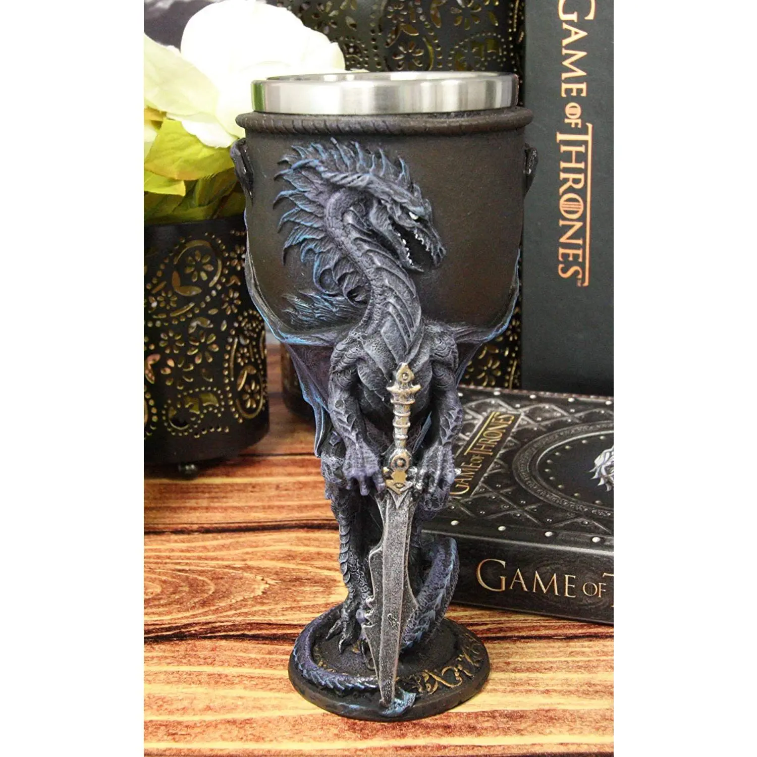 Ebros Ruth Thompson Dragon's Lair Handcrafted Steel Stone Blade Drake 8oz Drink Goblet Chalice Cup with Dark Hues, 8 Ounces