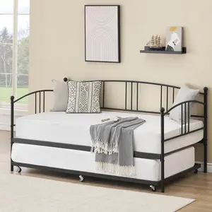 Twin Daybed with Trundle, Metal Twin Size Daybed with Pullout Trundle 6 Casters, Steel Slat Support Sofa Bed for Living Room, Bedroom, Guest Room (Black)