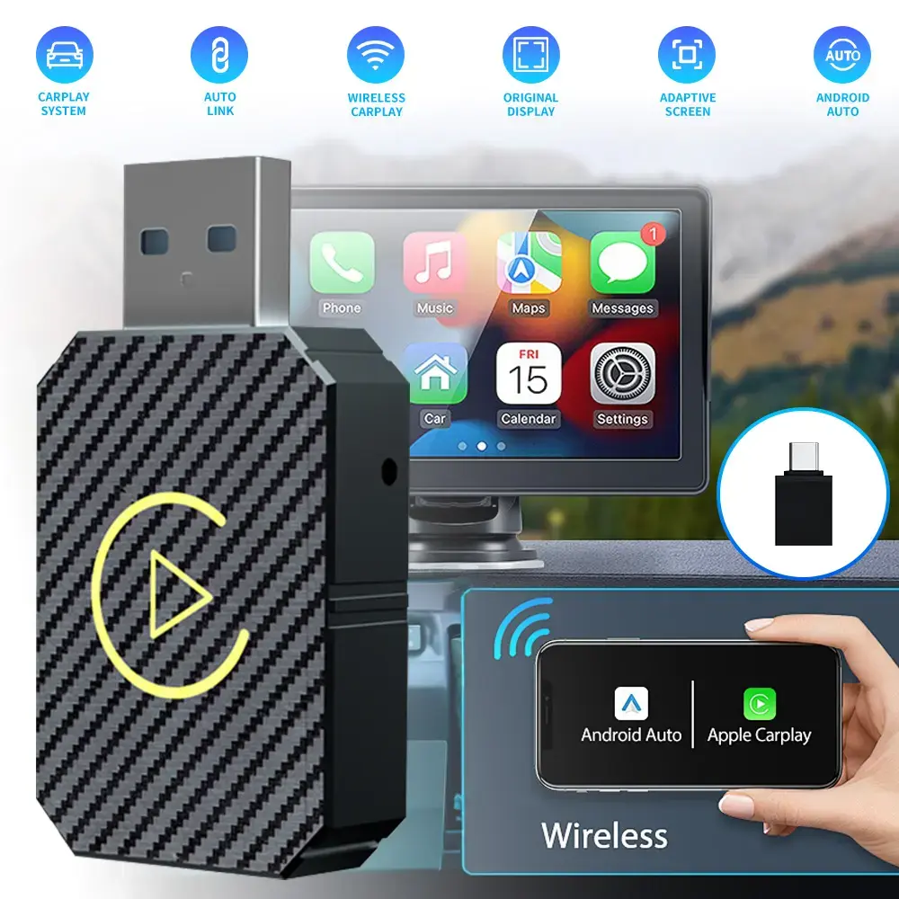 2-in-1 Wireless CarPlay and Android Adapter, compatible with Apple and Android systems, converts wired connections to wireless connections, suitable for 2016 and later models, fast automatic reconnection, Bluetooth, Apple