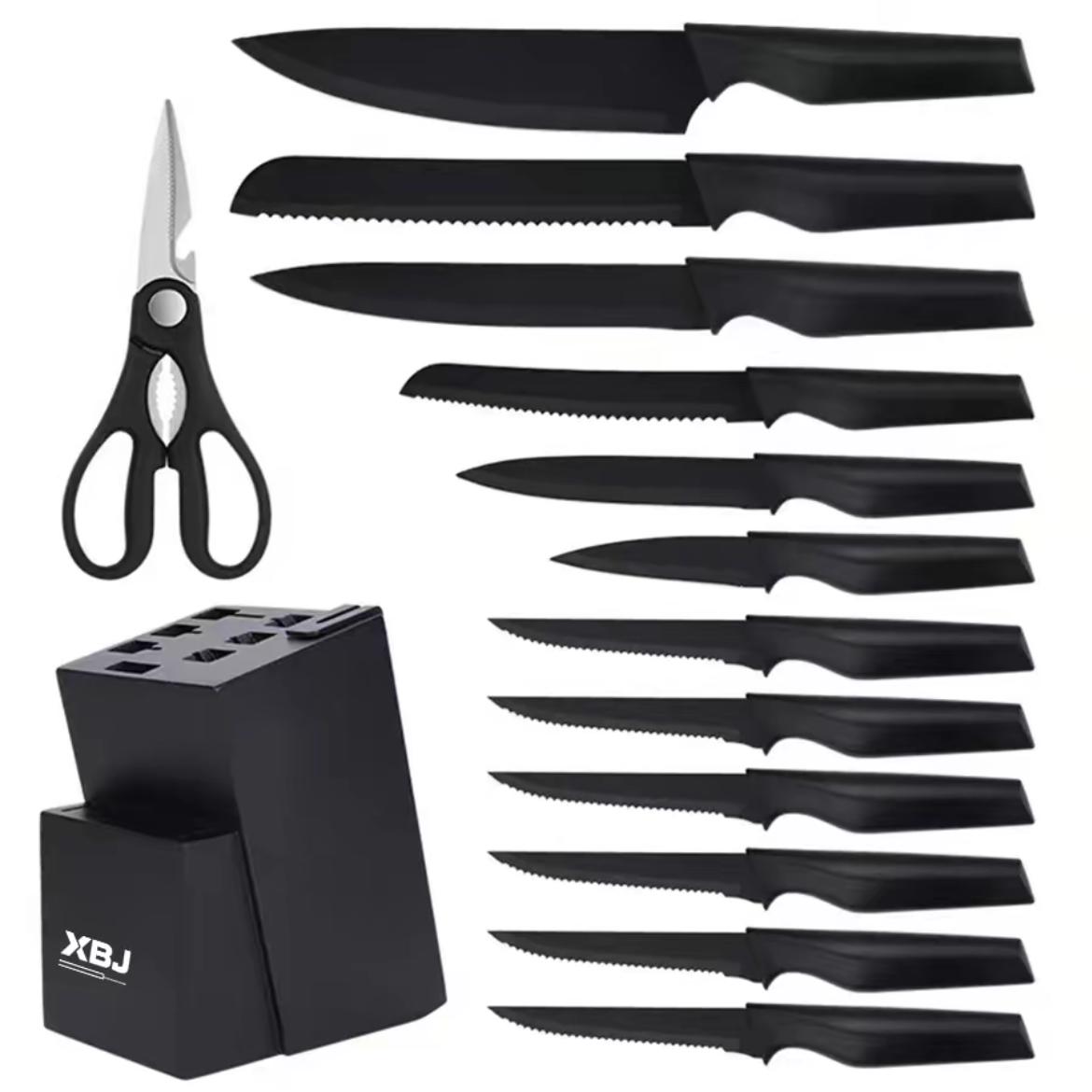 15-piece stainless steelknife set with built-in sharpener. Includes kitchenknives, a chef's knife, a Japanese knife, a meatcleaver, a bread knife, a steak knife, a utility knifea paring knife, and scissors. Kitchenware Block CuttingWood Container Wooden 15-piece stainless steelknife set with built-in sharpener. Includes kitchenknives, a chef's knife, a Japanese knife, a meatcleaver, a bread knife, a steak knife, a utility knifea paring knife, and scissors. Kitchenware Block CuttingWood Container Wooden