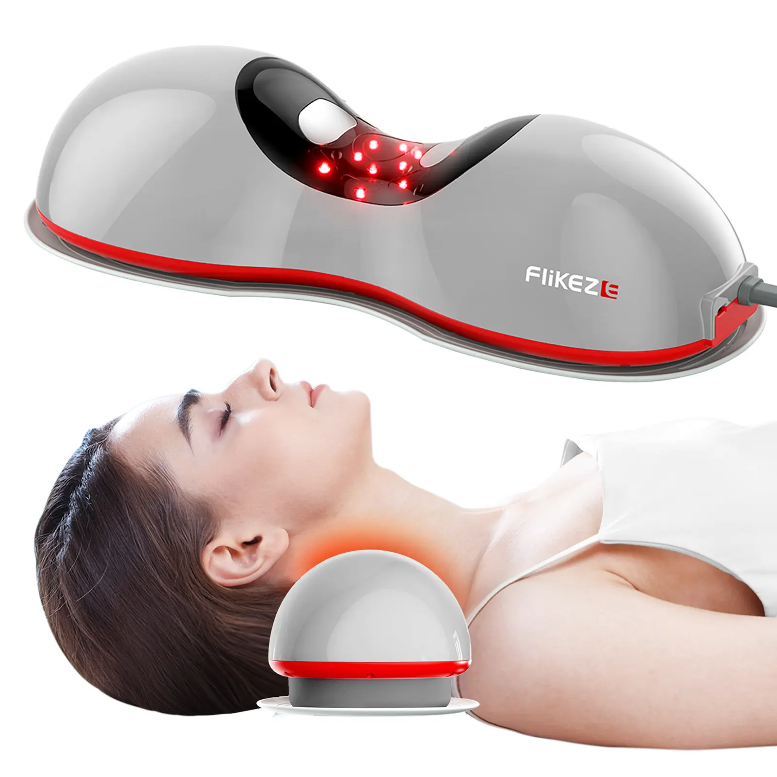 FliKEZE Wireless Heated Neck Stretcher with Red Light Therapy - Cervical Traction Device for TMJ Pain Relief, Shoulder Relaxation, Home/Office Use (Grey)