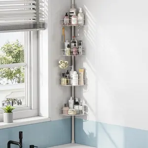 Tension Pole Corner Shower Caddy, Adjustable 4 Shelf Bathroom Organizer, Corner Towel Holder, 63.7-119 inch Waterproof Storage Corner Shelf, Sliver