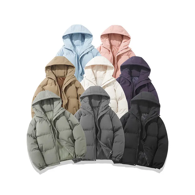 Unisex Autumn Winter Warm Cotton-Padded Puffer Jacket, Everyday Long Sleeve High Neck Hooded Front-Zipper Casual Menswear Coat