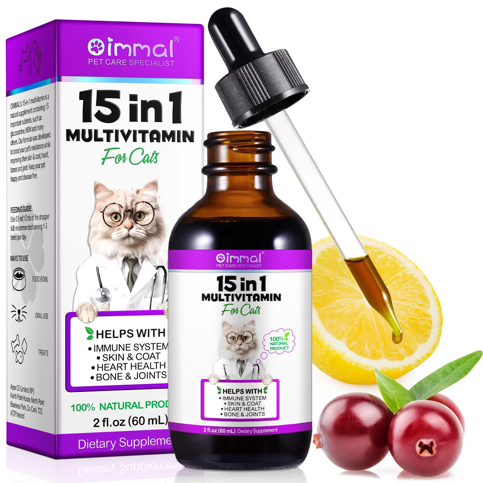 Oimmal Cat Multivitamin Liquid Drops - 15-in-1 60ml Supplements with Probiotics, Cranberry UTI Aid, Joint Relief, Shiny Coat Boost, Healthy Fur for Heart, Bone, Bladder, Immune Support, Vitamin D