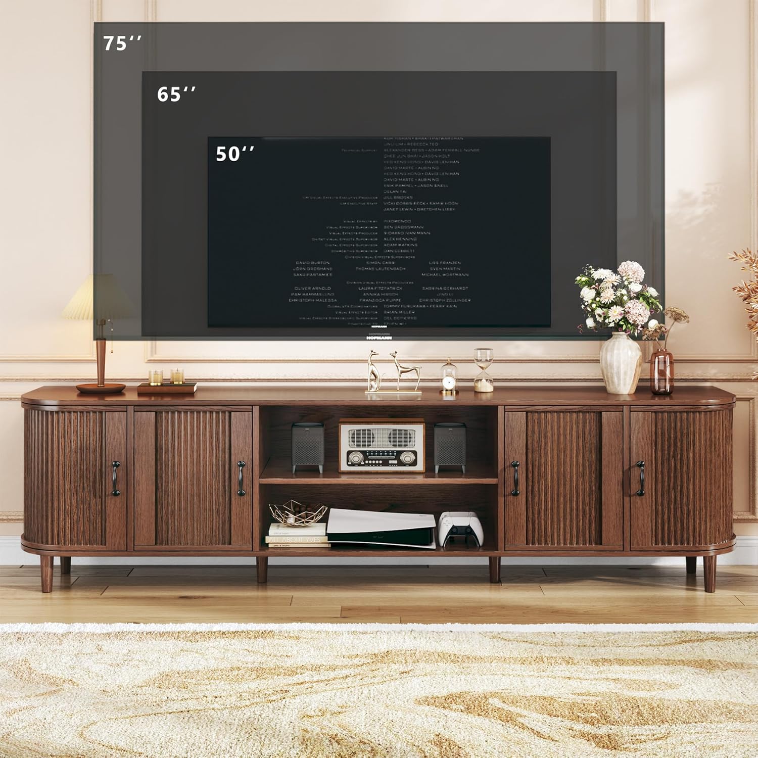 TV Stand for 75 inch TV, Mid Century Modern Entertainment Center for 55/60/65/75 inch TV, with Fluted Door Cabinets & Open Shelves, TV Consoles, Walnut