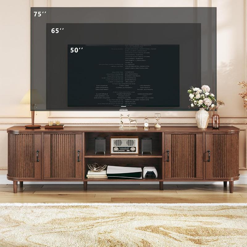 TV Stand for 75 inch TV, Mid Century Modern Entertainment Center for 55/60/65/75 inch TV, with Fluted Door Cabinets & Open Shelves, TV Consoles, Walnut TV Stand for 75 inch TV, Mid Century Modern Entertainment Center for 55/60/65/75 inch TV, with Fluted Door Cabinets & Open Shelves, TV Consoles, Walnut