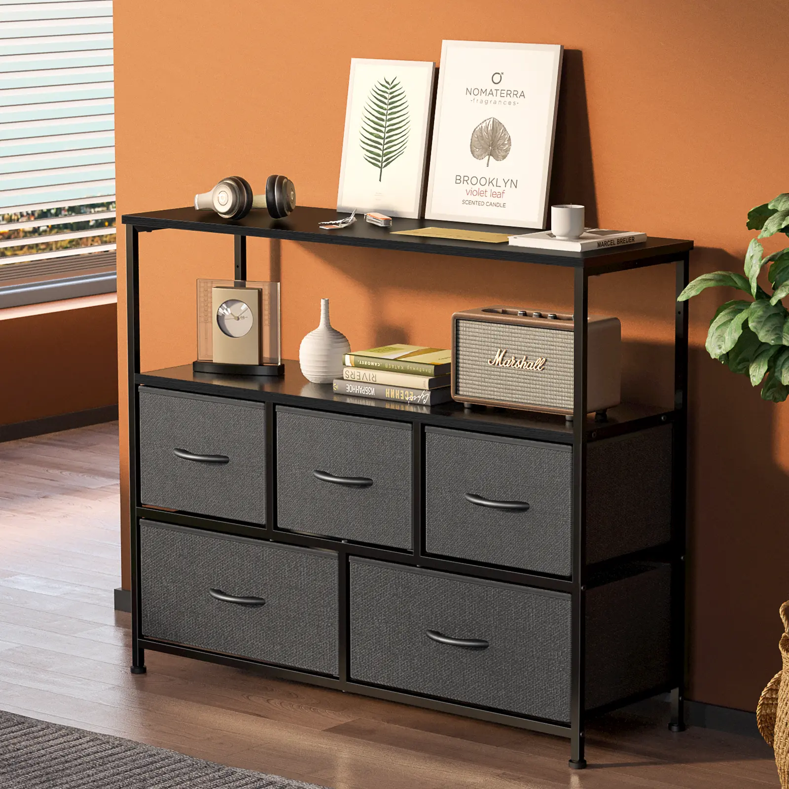 Minimalist TV Stand Sideboard - Compact Multi-Drawer TV Stands & Multimedia Centres with 5 Fabric Drawers, Open Storage Shelf, Modern Indoor Furniture for Living Room Decor & Bedroom Storage