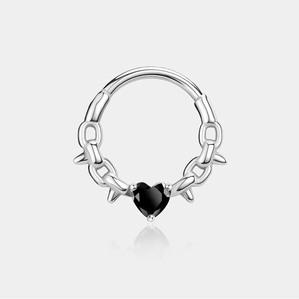Oufer Chain with Black CZ Heart Hinged Segment Clicker 16G Septum Ring for Body Piercing Jewelry Unique Design