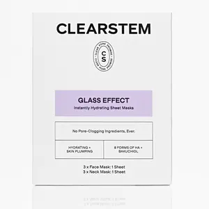 [CLEARSTEM] GLASS EFFECT Instantly Hydrating Sheet Masks, Individually Packaged, Face and Neck, Multi-Weight Hyaluronic Acid, Bakuchiol, Allantoin, Nourishing, Refreshing, Plumping, Calming, For Acne-Prone Skin, 3 Face Masks, 3 Neck Masks