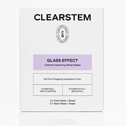 [CLEARSTEM] GLASS EFFECT Instantly Hydrating Sheet Masks, Individually Packaged, Face and Neck, Multi-Weight Hyaluronic Acid, Bakuchiol, Allantoin, Nourishing, Refreshing, Plumping, Calming, For Acne-Prone Skin, 3 Face Masks, 3 Neck Masks