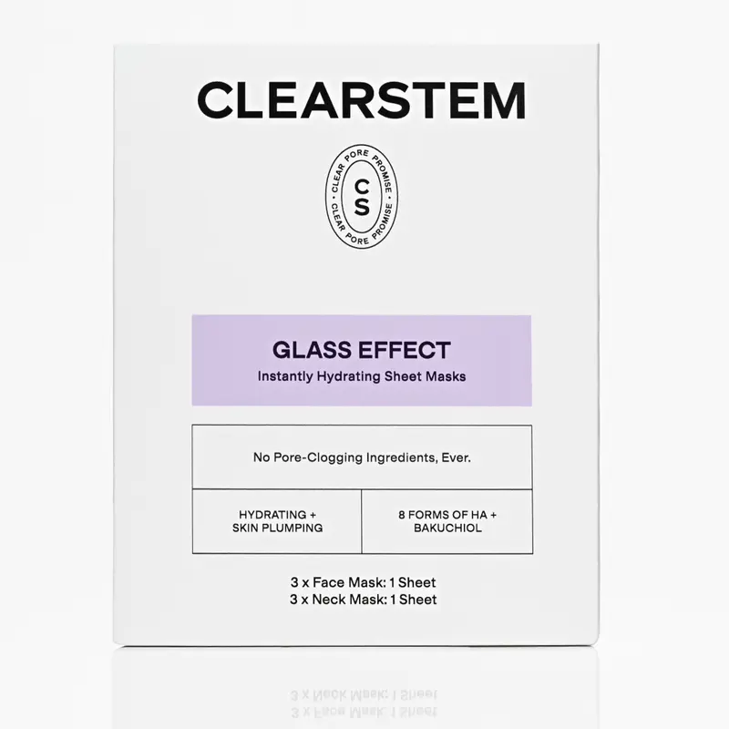 [CLEARSTEM] GLASS EFFECT Instantly Hydrating Sheet Masks, Individually Packaged, Face and Neck, Multi-Weight Hyaluronic Acid, Bakuchiol, Allantoin, Nourishing, Refreshing, Plumping, Calming, For Acne-Prone Skin, 3 Face Masks, 3 Neck Masks