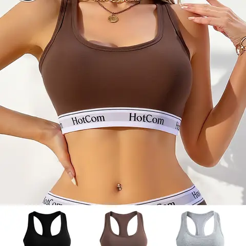 Hotcom Women's 3-Piece Sportswear Bra Value Set - 95% Cotton Blend Wireless Racerback Bralettes, Breathable All-Season Airflow, Solid Letters Detail, Cool for Yoga & Gym, Fitted Basics (Bras for Women, Underwear),sohochic