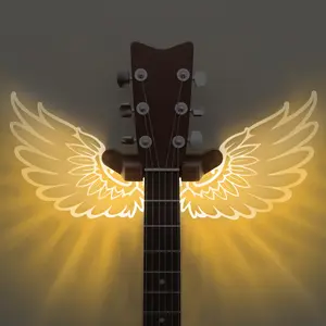 【Pookie】Guitar Stand Wall Mount with Luminous Angel Wings, Acrylic Wooden Guitar Hanger Shelf with USB Powered, for Acoustic Electric Bass Ukulele, Gift for Music Lovers Men Guitar Players Musical Instrument Led ,Christmas Gift New Year Gift Lighting