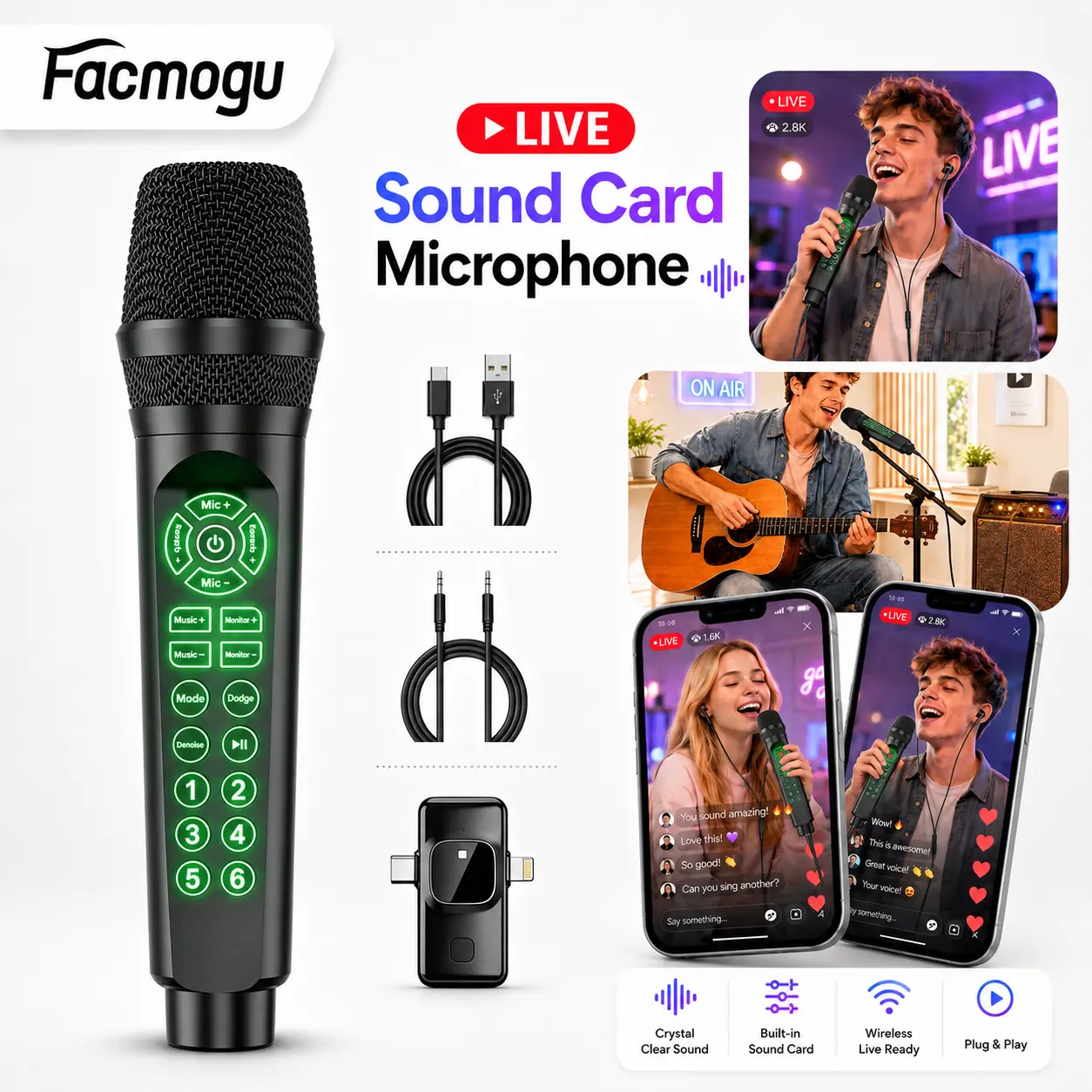 Facmogu Wired Live Streaming & Karaoke Sound Card Mic with Plug, Android Compatibility, USB-C + Lightning Receivers, Voice Changer, Reverb, Real-Time Monitoring - Charging Cable Included, Room Sound Requires Powered Speaker, Handheld