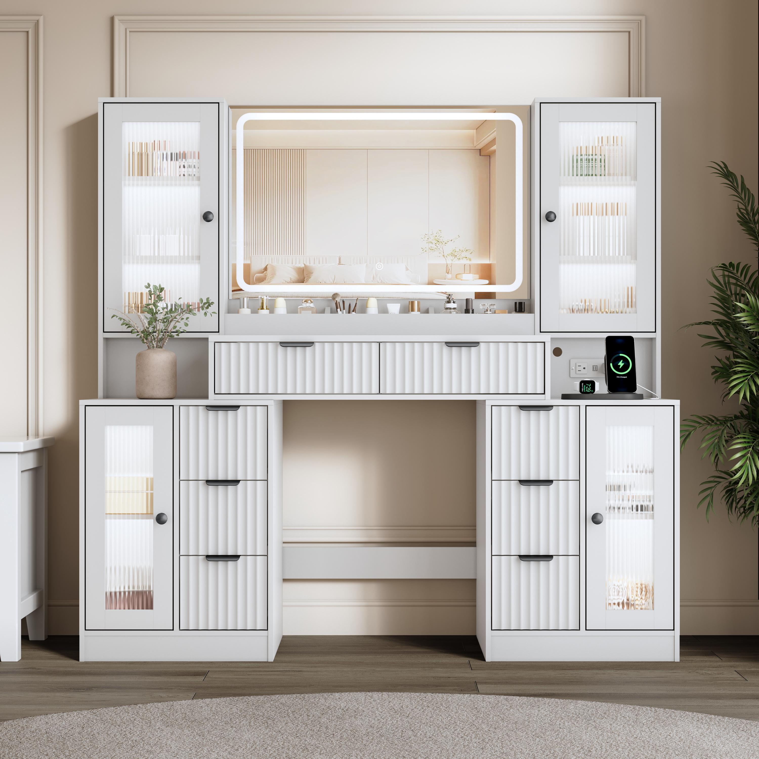 Fluted Makeup Vanity Desk with Mirror and Lights, 55" Glass Top Vanity with 8 Drawers & 4 RGB Glass Cabinets, Adjustable Shelves & Power Outlet, Modern Dressing Table for Women Girls Bedroom, Oak