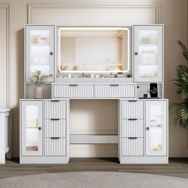 Fluted Makeup Vanity Desk with Mirror and Lights, 55" Glass Top Vanity with 8 Drawers & 4 RGB Glass Cabinets, Adjustable Shelves & Power Outlet, Modern Dressing Table for Women Girls Bedroom, Oak