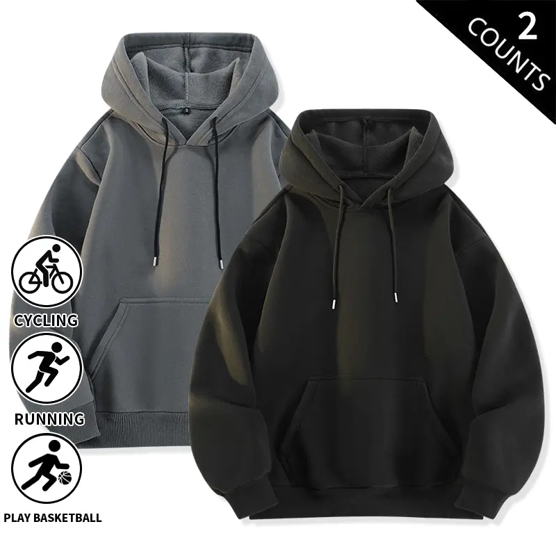 2-Pack Men’s Basic Pullover Hoodies, Solid Single Color, Long Sleeve, Drawstring Front, Kangaroo Pocket, Soft Fleece, Loose Fit, Casual Streetwear Hoodie Tops