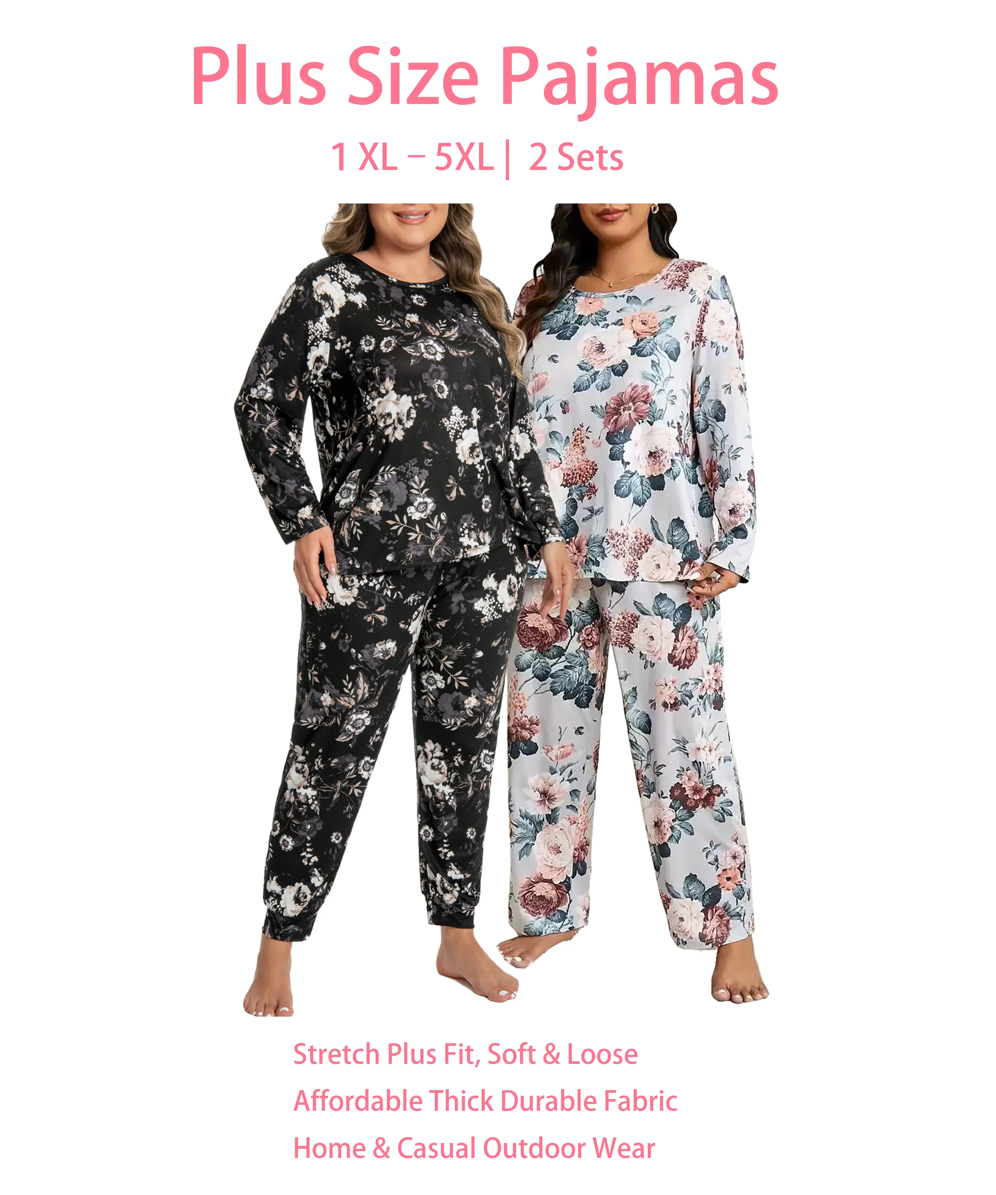 Women's Plus Size 1XL-5XL 2-Piece Pajamas Sets, Long Sleeve Top & Full-Length Pants, Black & Gray Soft Breathable Casual Nightwear Pyjamas Loungewear, Floral Motif, Machine Wash, Diverse Prints